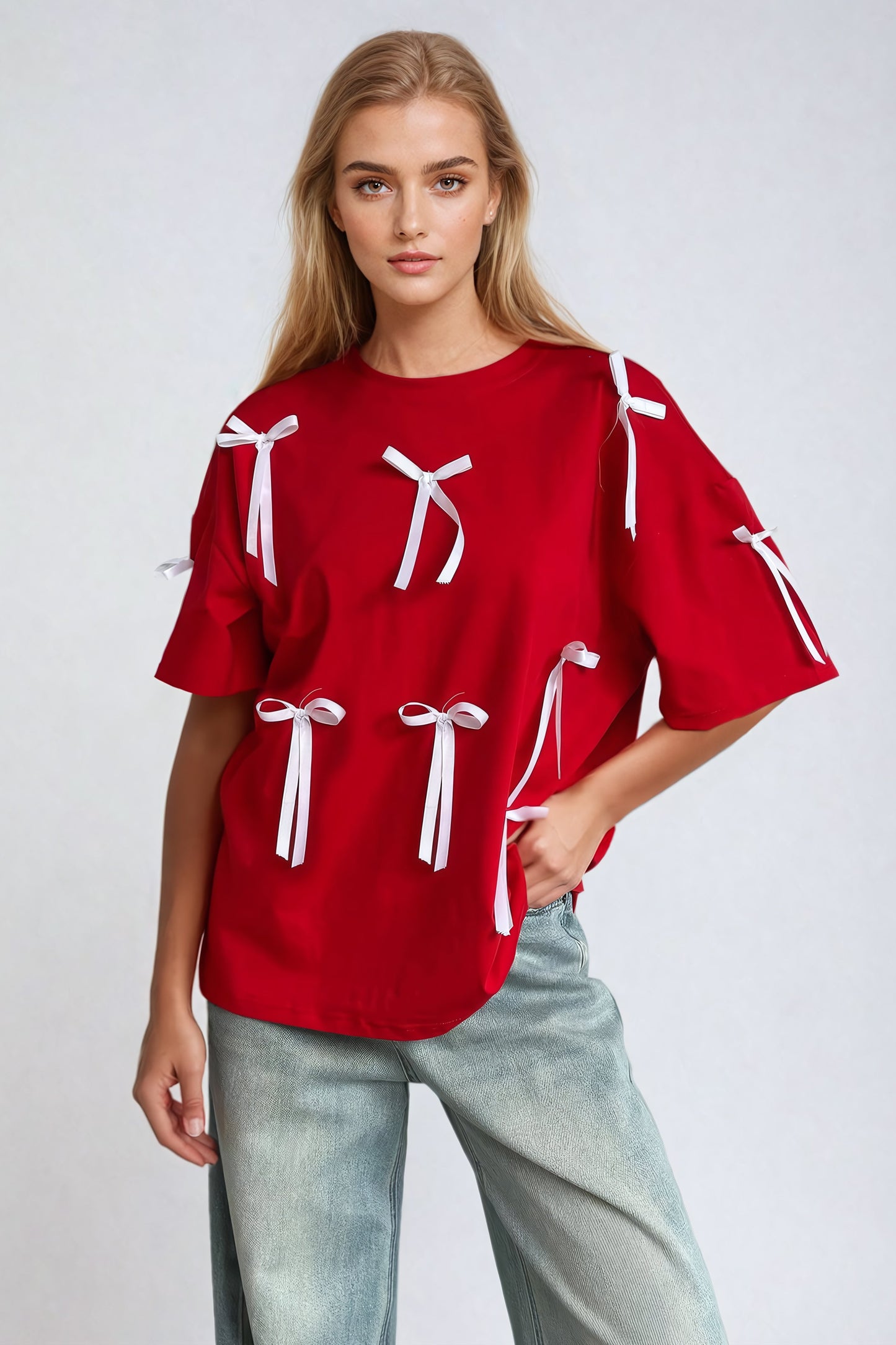 Oversized T-Shirt with Ribbon Bow Accents - Red