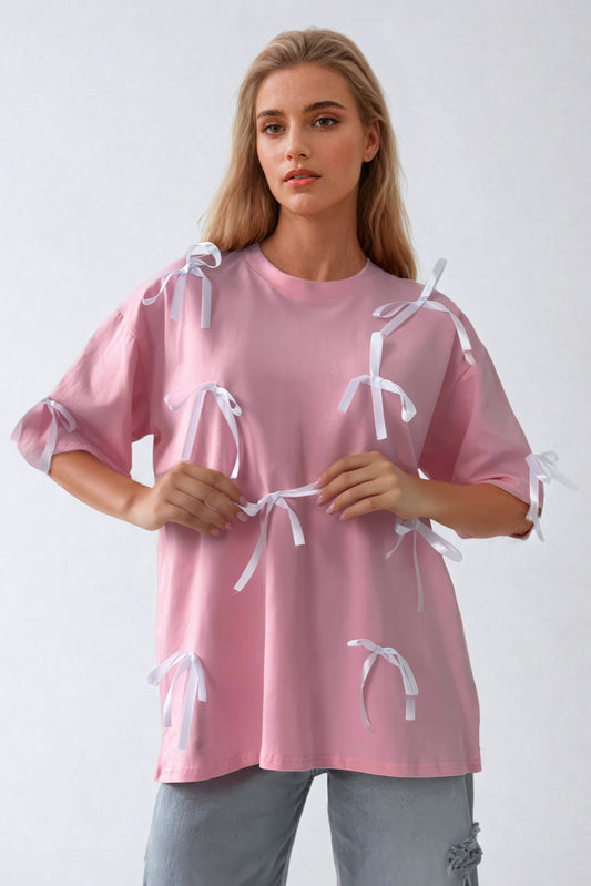 Oversized T-Shirt with Ribbon Bow Accents - Pink