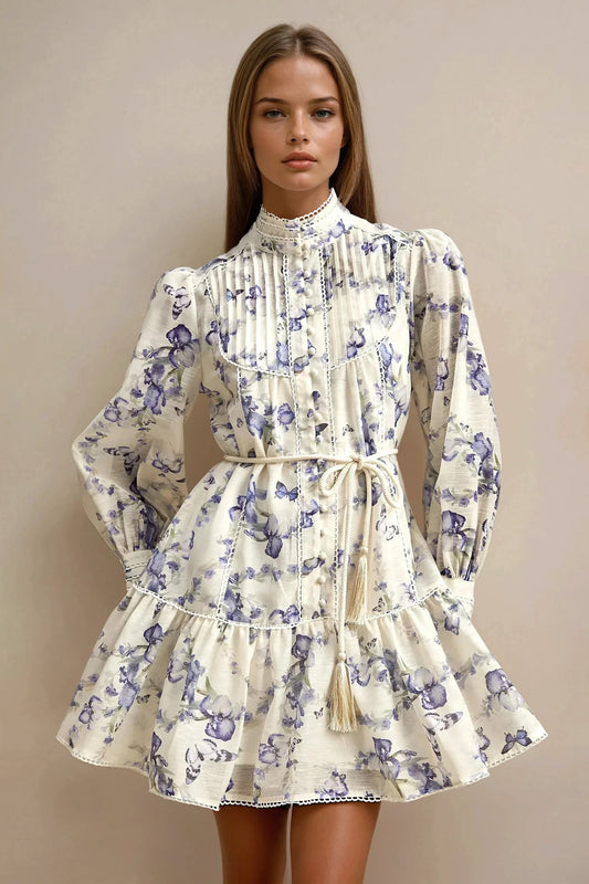 Floral Long-Sleeve Tiered Mini Dress - Blue