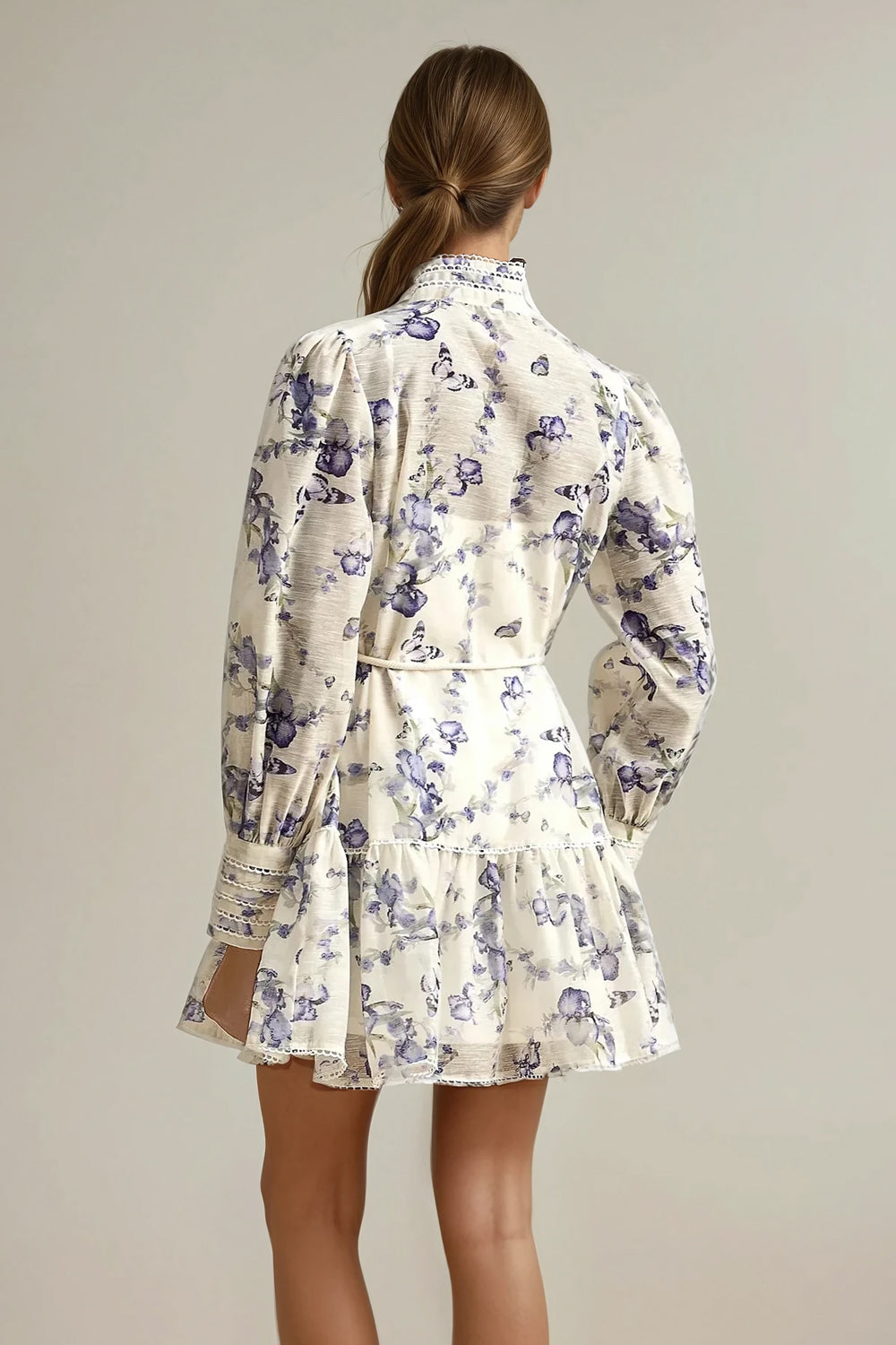 Floral Long-Sleeve Tiered Mini Dress - Blue