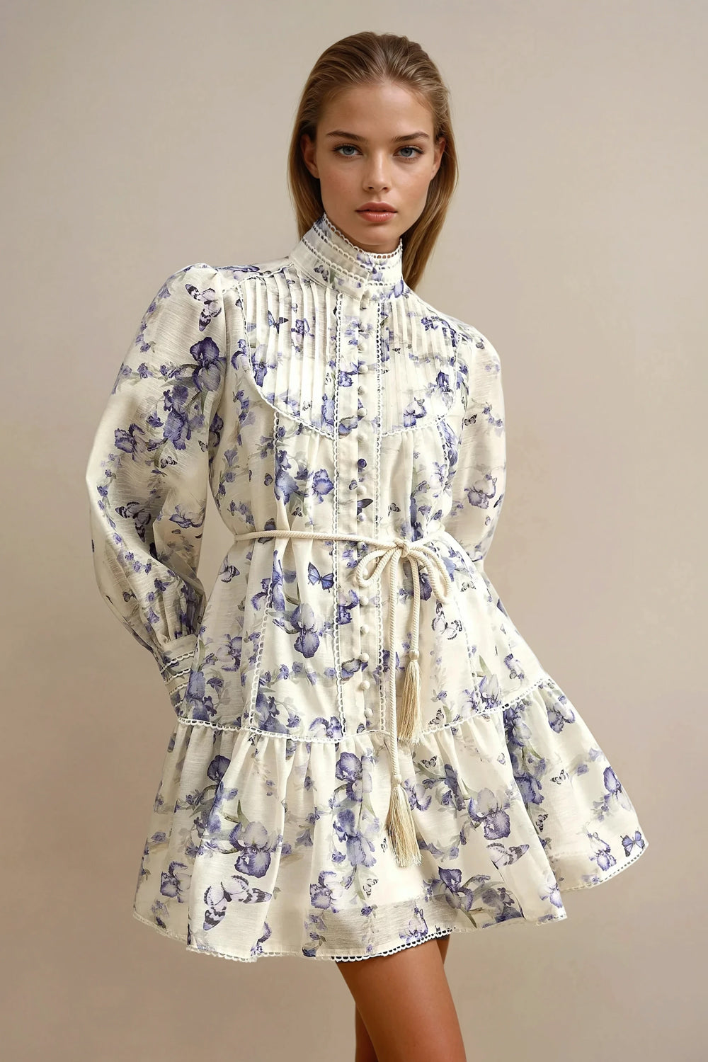 Floral Long-Sleeve Tiered Mini Dress - Blue