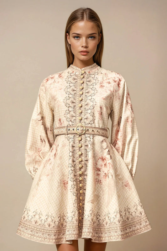Button-Front Longsleeves Belted Mini Dress - Apricot