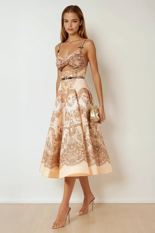 Midi Dress with Cut-Out Front and Printed Full Skirt - Brown