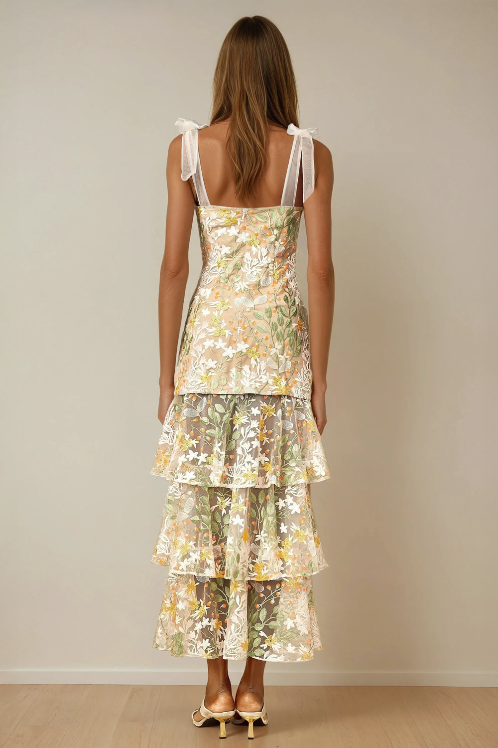 Two Piece Set with Bow Straps and Tiered Skirt - Apricot