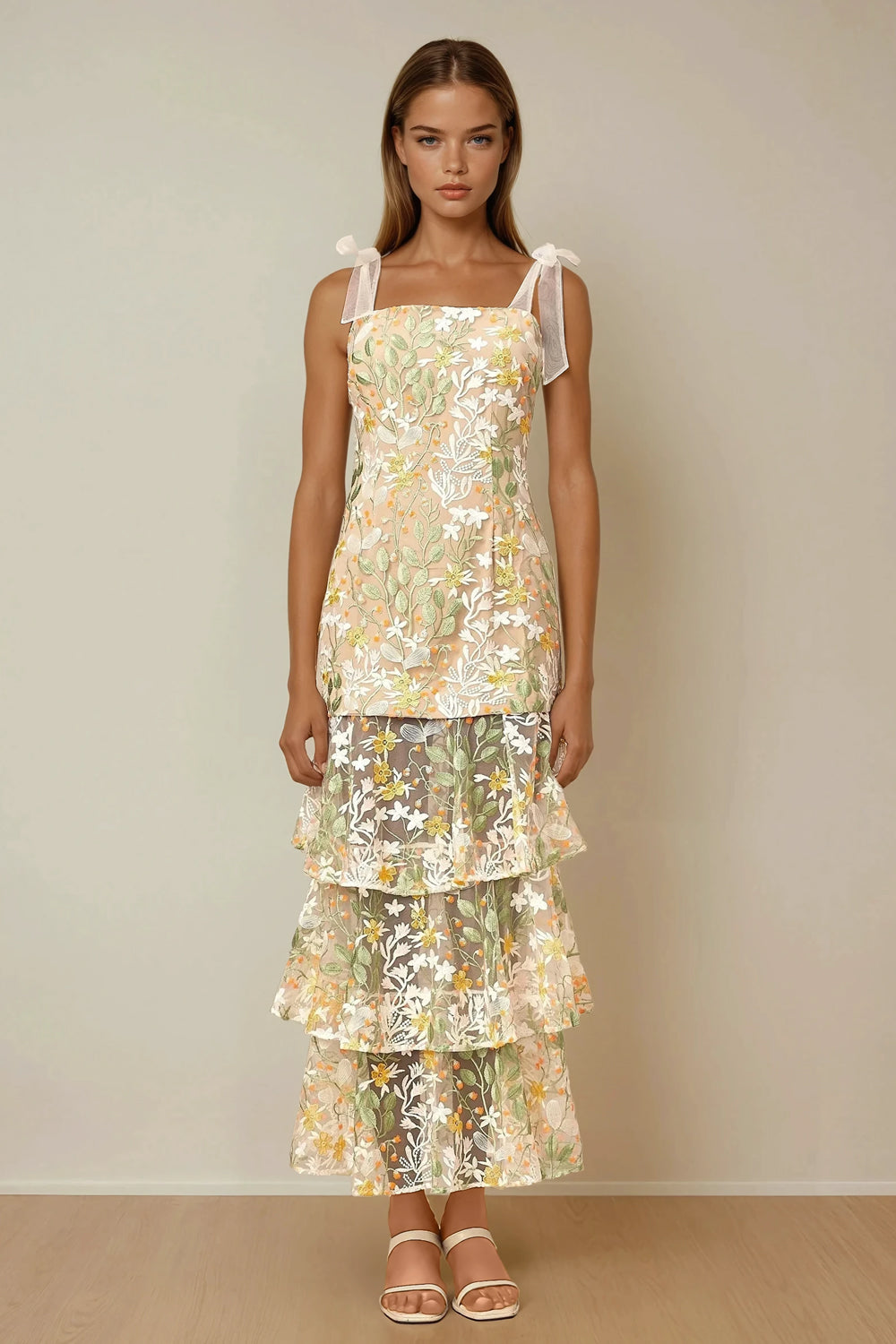Two Piece Set with Bow Straps and Tiered Skirt - Apricot