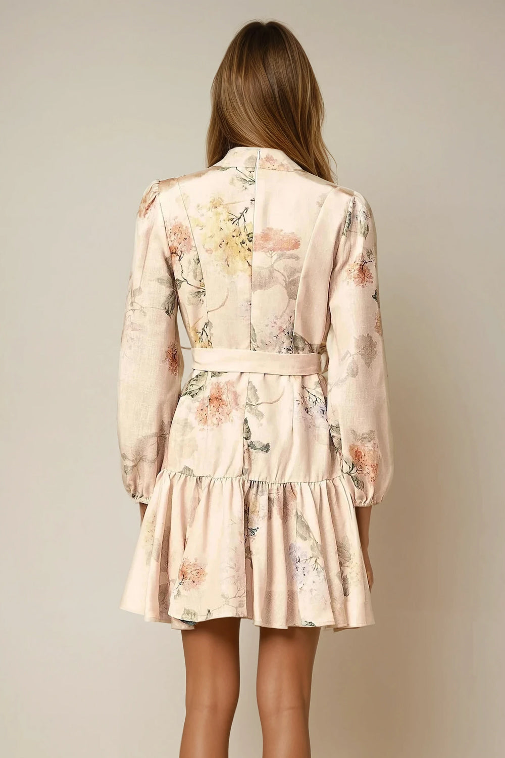 Mini Dress with Floral Print and Tiered Hem - Pink