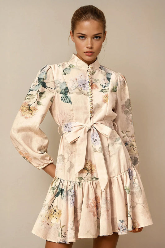 Mini Dress with Floral Print and Tiered Hem - Pink
