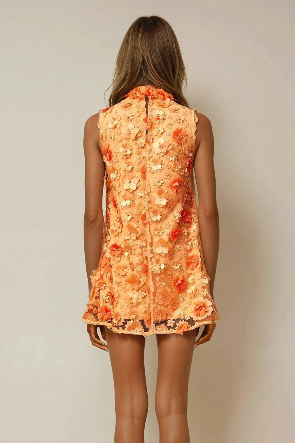 Sleeveless Mini Dress with 3D Floral Details - Orange