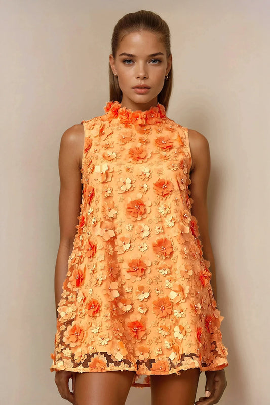 Sleeveless Mini Dress with 3D Floral Details - Orange