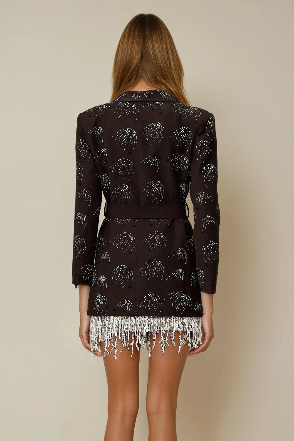 Blazer-Style Mini Dress with Beaded Fringe Hem - Black