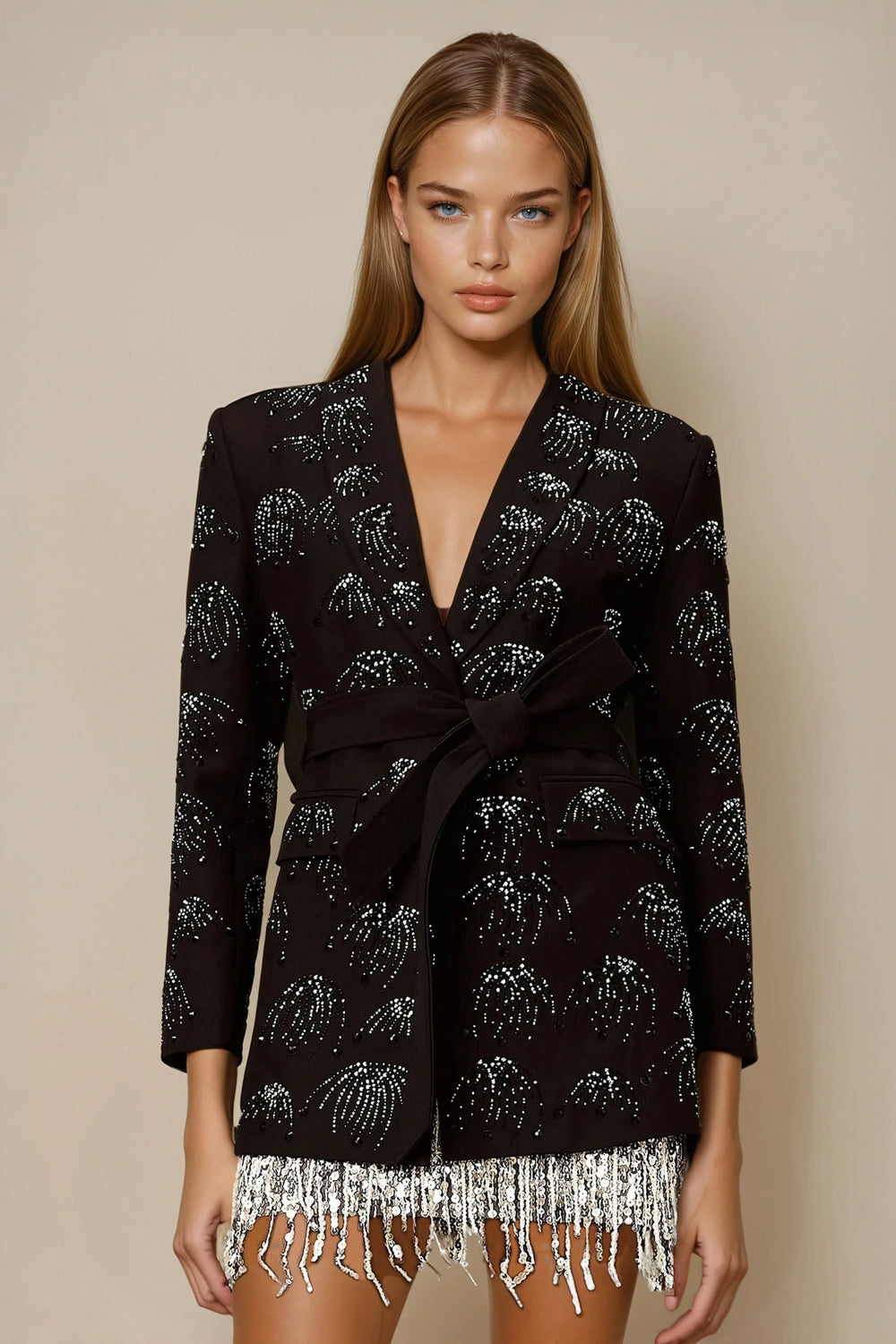 Blazer-Style Mini Dress with Beaded Fringe Hem - Black