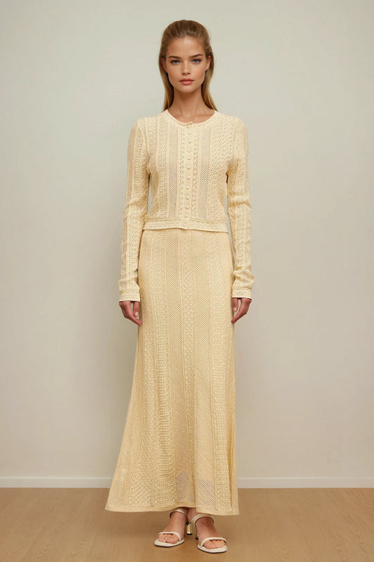 Two-Piece Set with Long Sleeve Top and Matching Maxi Skirt - Light Yellow
