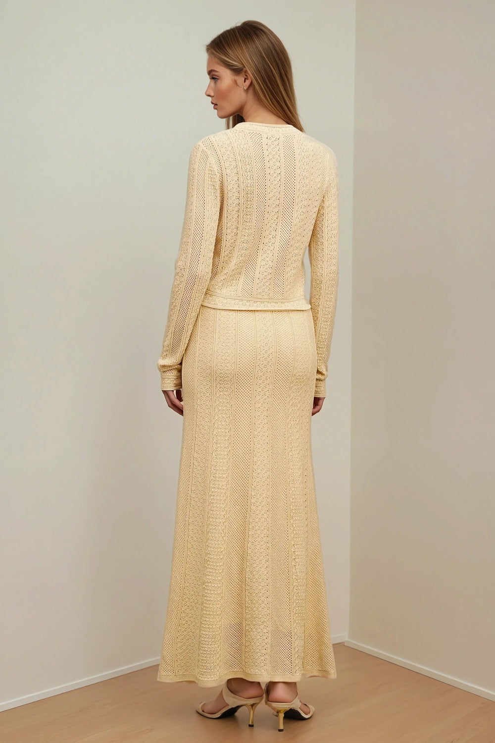 Two-Piece Set with Long Sleeve Top and Matching Maxi Skirt - Light Yellow