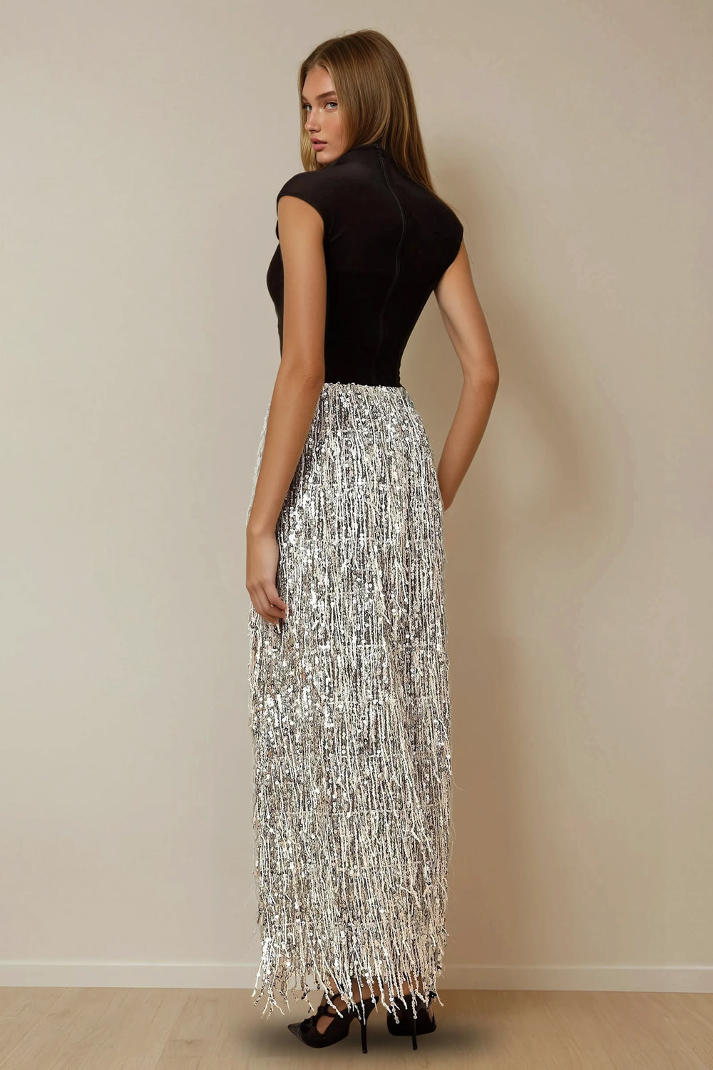 Maxi Skirt with Beaded Fringe Detailing - Silver