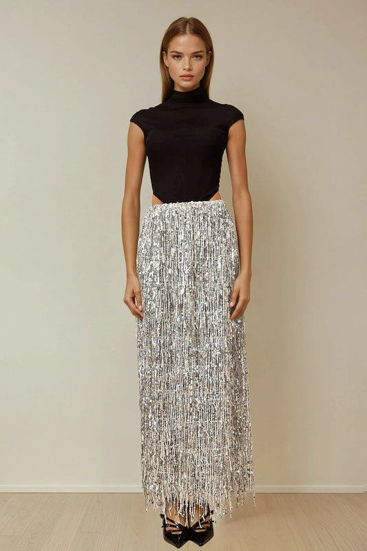 Maxi Skirt with Beaded Fringe Detailing - Silver