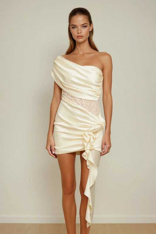 Asymmetrical Drape Mini Dress with Lace Waist and Side Ruffle - White