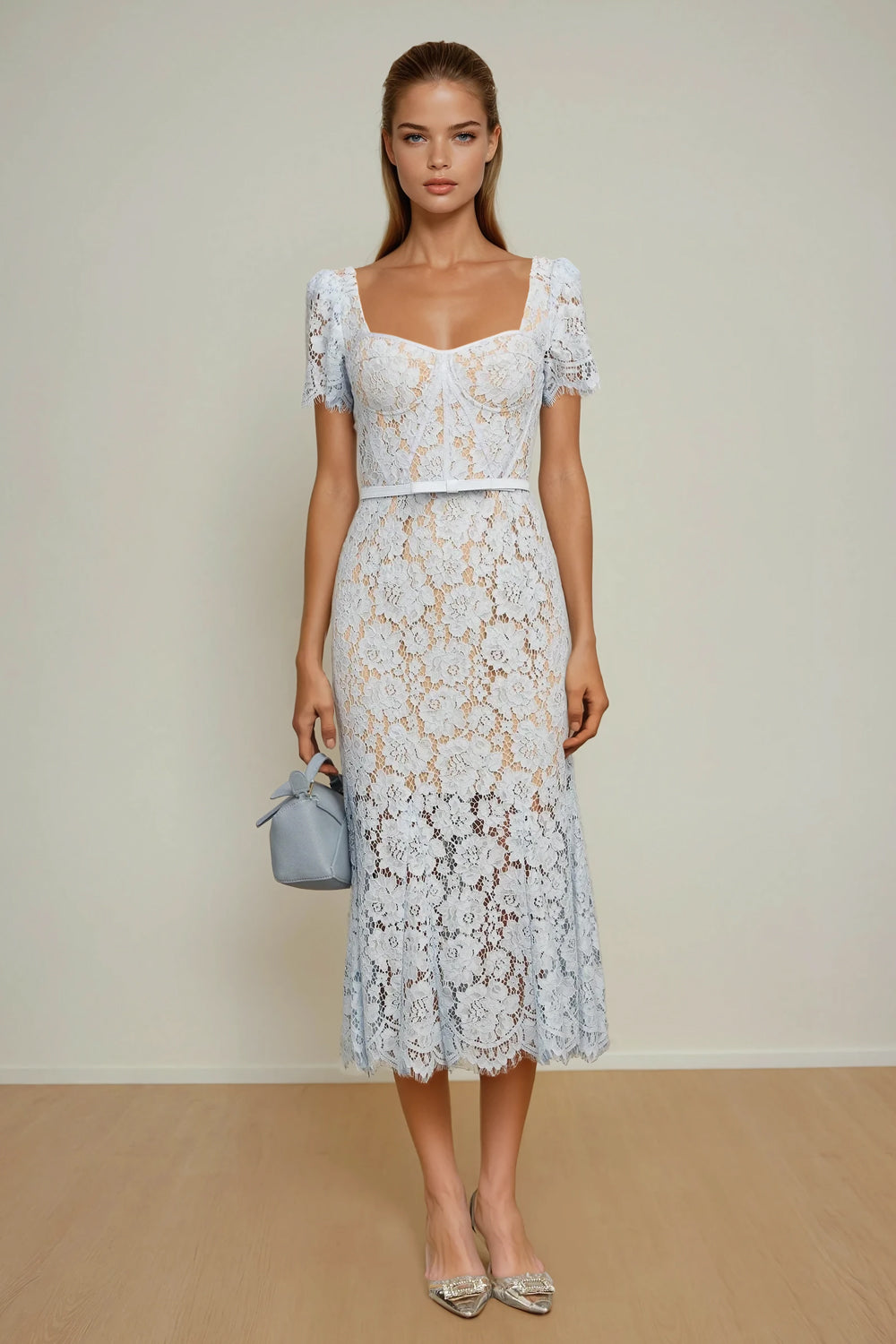 Lace Midi Dress with Fitted Bodice and Cap Sleeves - Blue