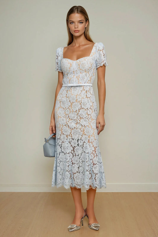 Lace Midi Dress with Fitted Bodice and Cap Sleeves - Blue
