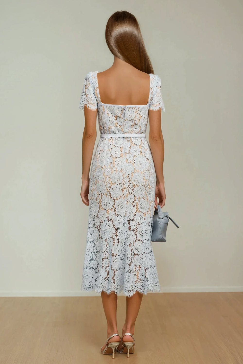 Lace Midi Dress with Fitted Bodice and Cap Sleeves - Blue