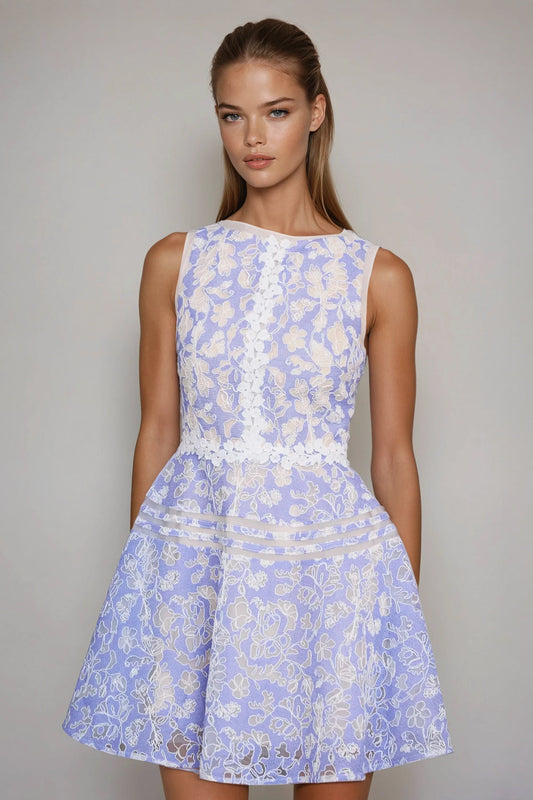 Sleeveless Fit-and-Flare Mini Dress with Sheer Floral Embroidery  - Blue