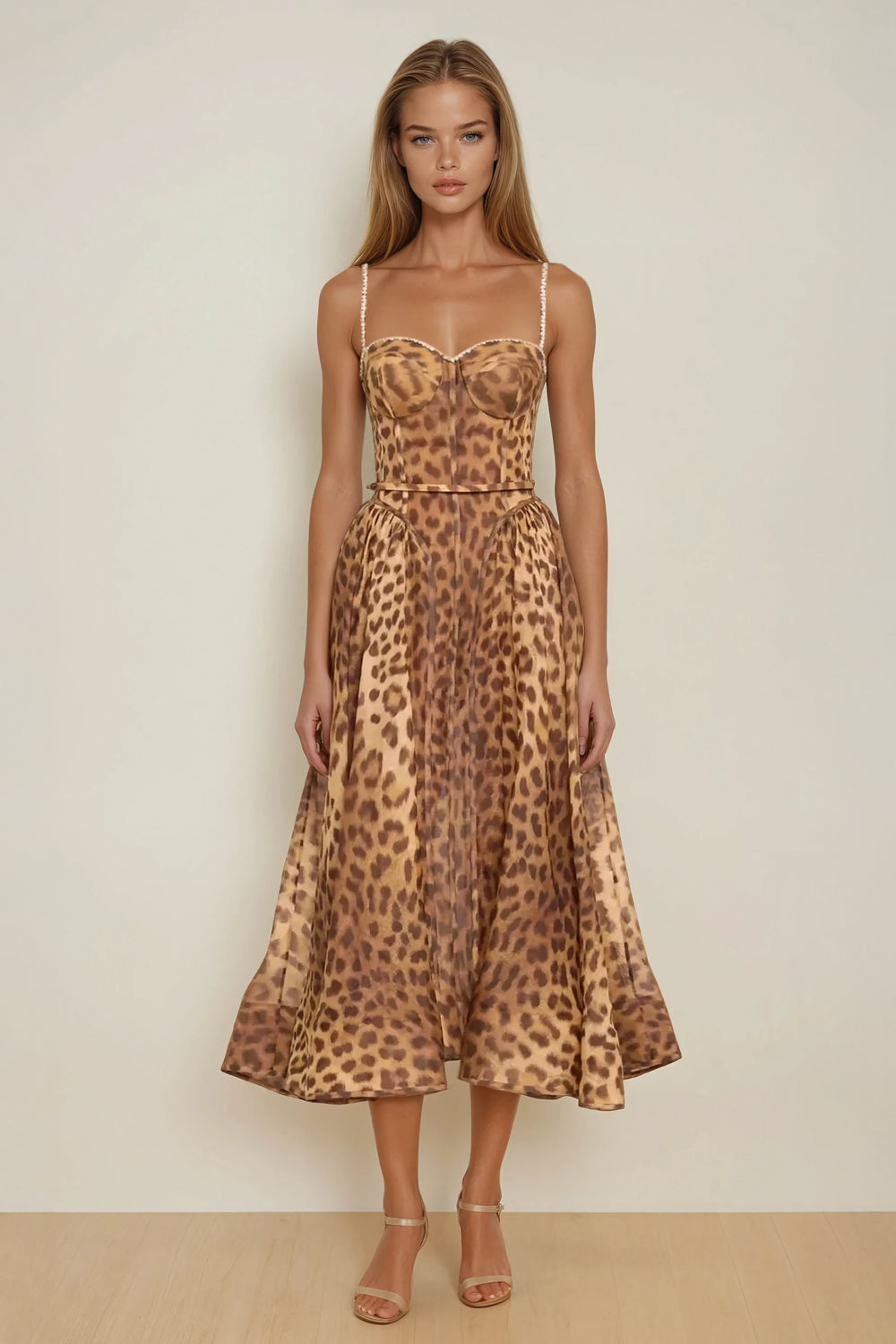 Midi Dress with Structured Bustier and Allover Animal Print - Brown