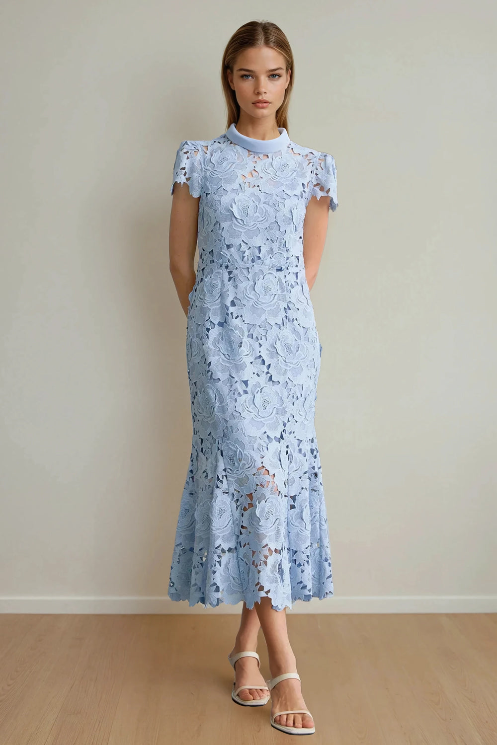 Floral Overlay High Neck Maxi Dress - Blue