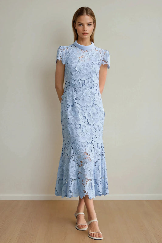 Floral Overlay High Neck Maxi Dress - Blue