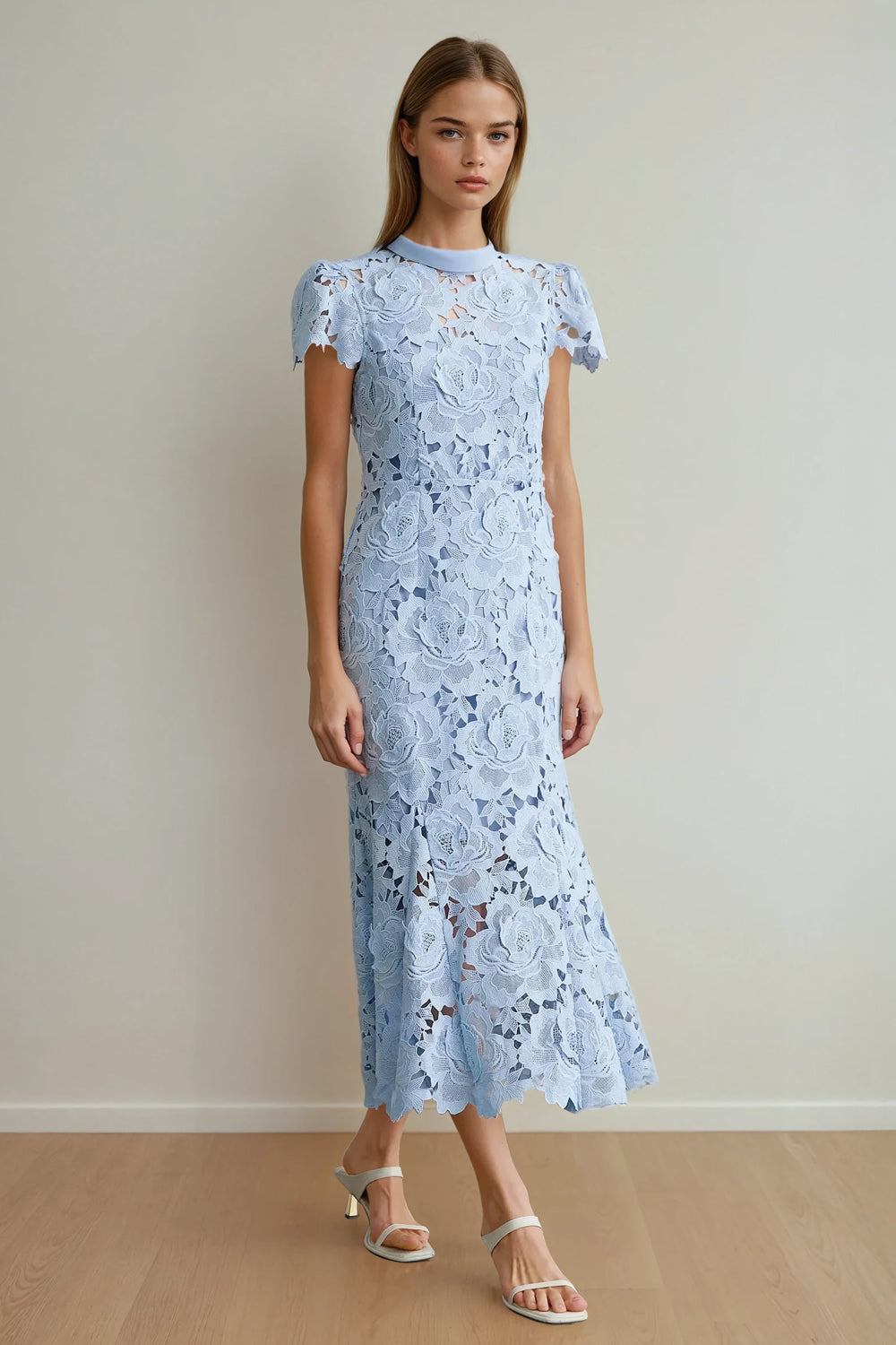 Floral Overlay High Neck Maxi Dress - Blue