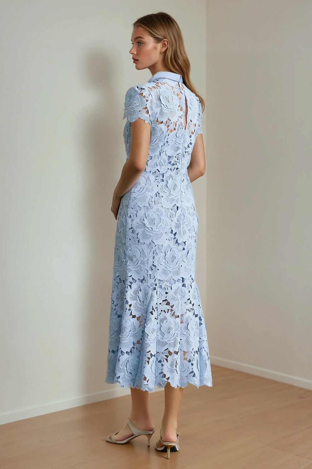 Floral Overlay High Neck Maxi Dress - Blue
