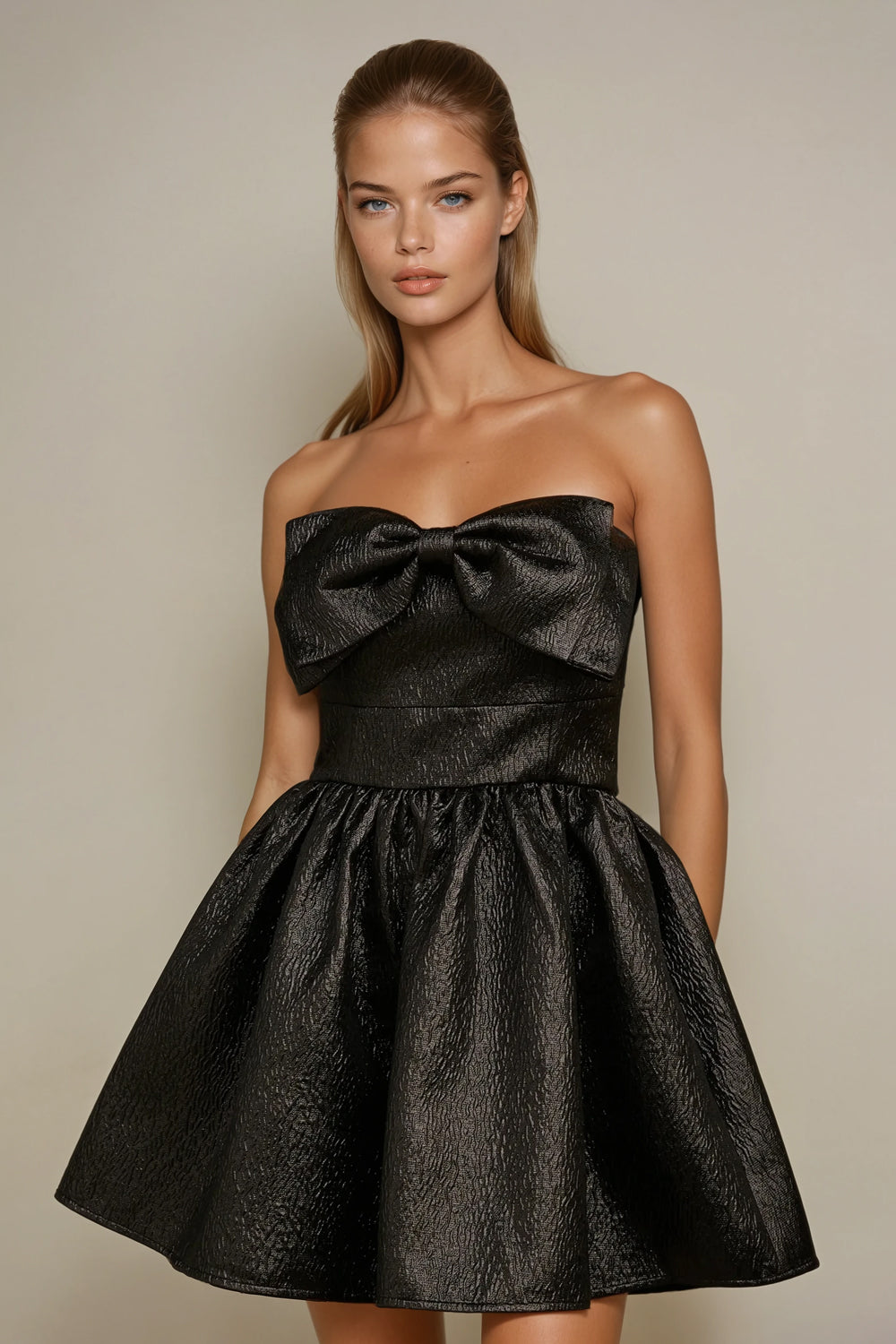 Strapless Mini Dress with Oversized Front Bow - Black