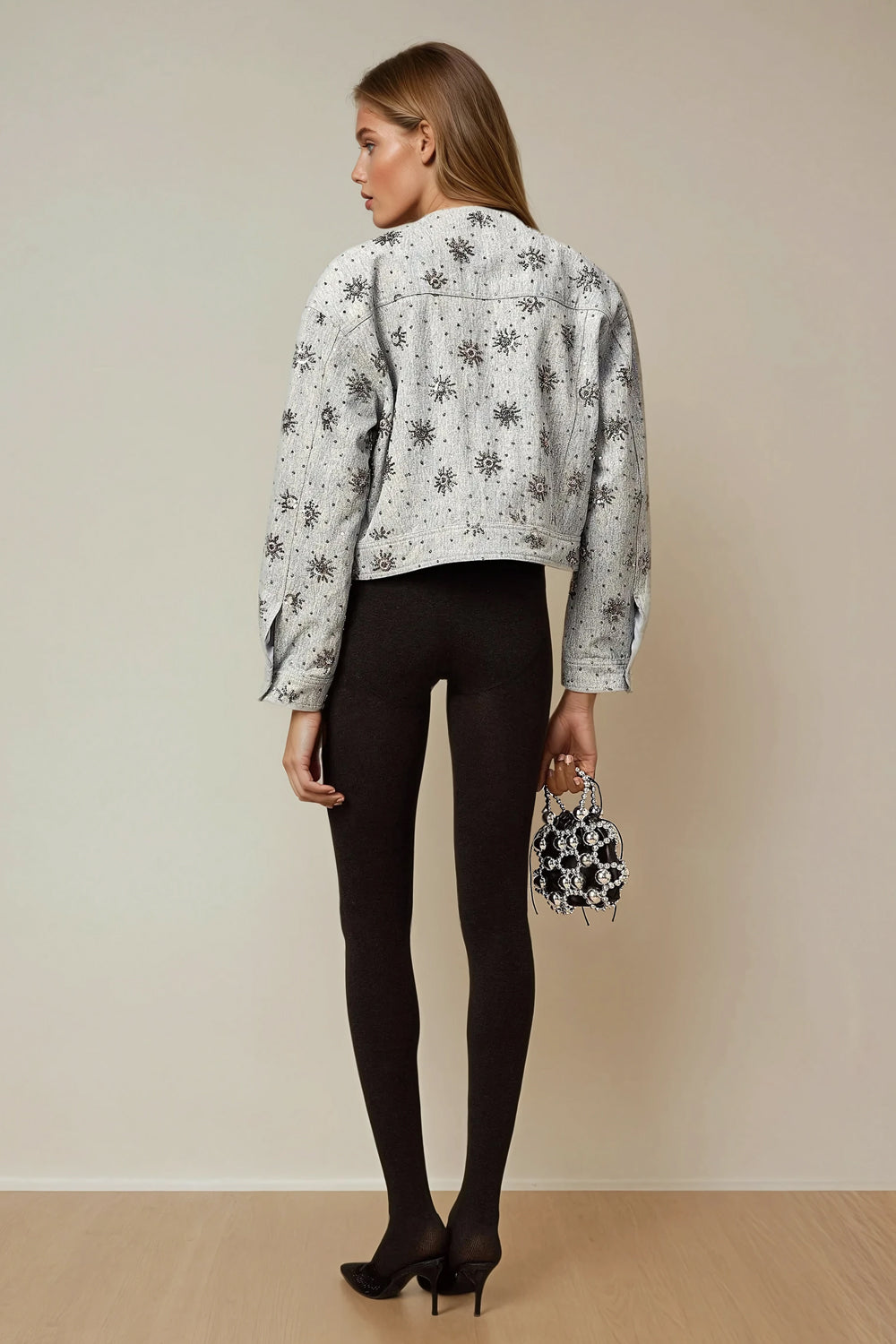 Cropped Jacket with Embellished Star Pattern - Blue