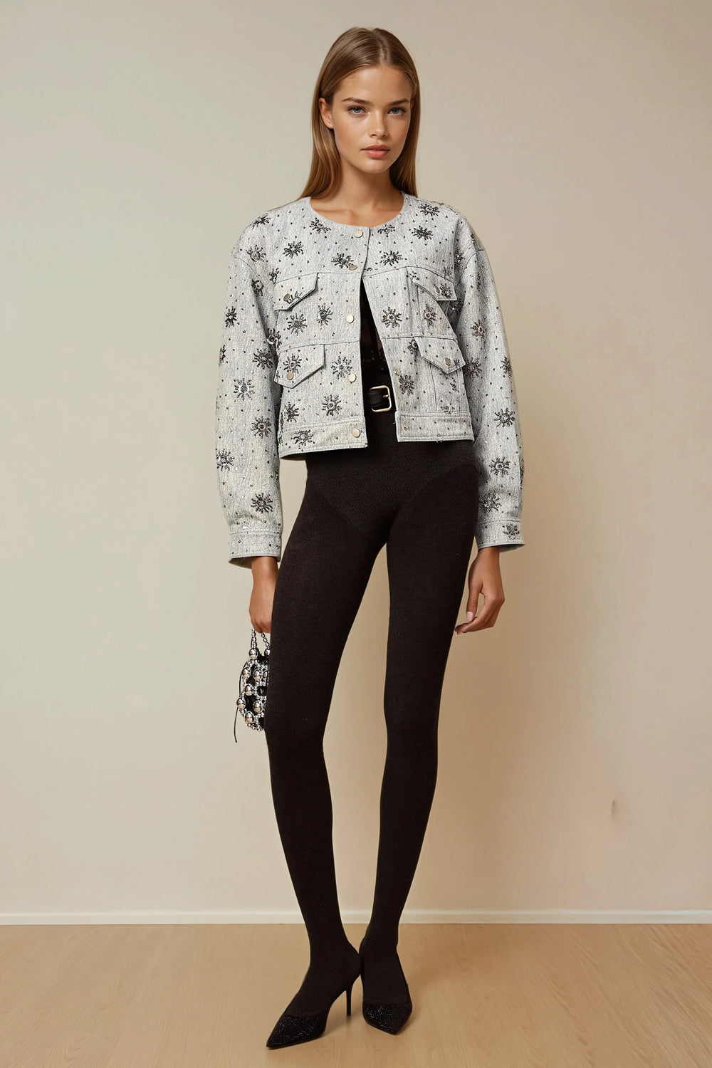Cropped Jacket with Embellished Star Pattern - Blue