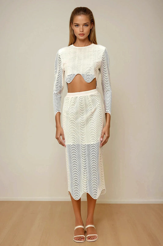 Two-Piece Set with Long Sleeve Crop Top and Fitted Midi Skirt - White