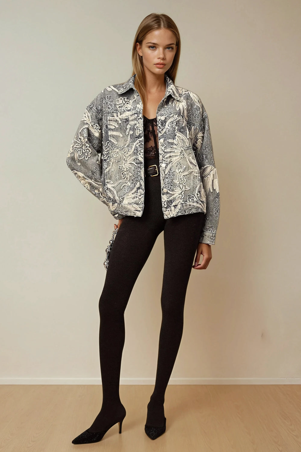 Jacket with Oversized Floral Pattern - Blue