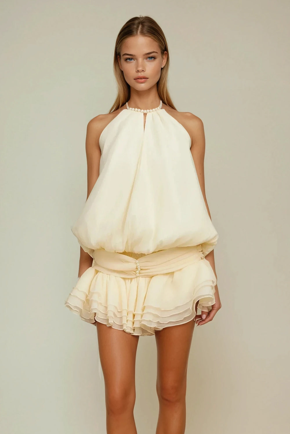 Mini Dress with Halter Neck and Tiered Skirt - Apricot