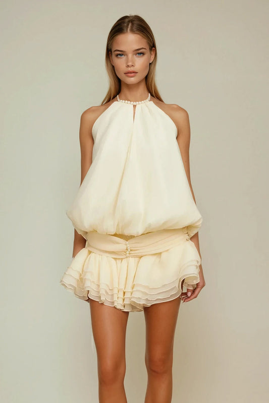 Mini Dress with Halter Neck and Tiered Skirt - Apricot