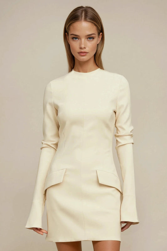 Long Sleeve Mini Dress with Structured Panel Details - Beige
