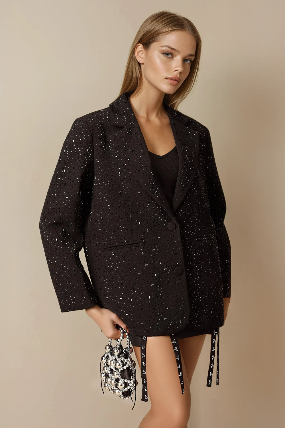 Embellished Collarless Blazer - Black
