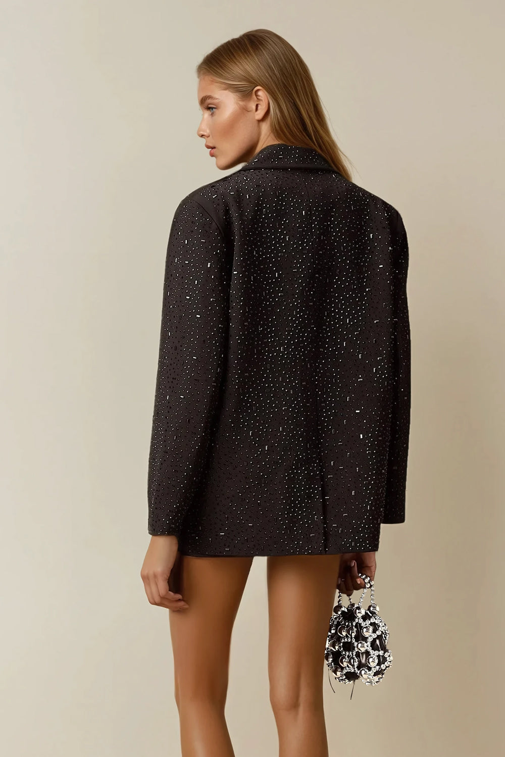 Embellished Collarless Blazer - Black