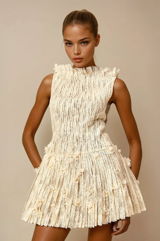 Mini Dress with Textured Pleated Skirt and High Neck - Apricot