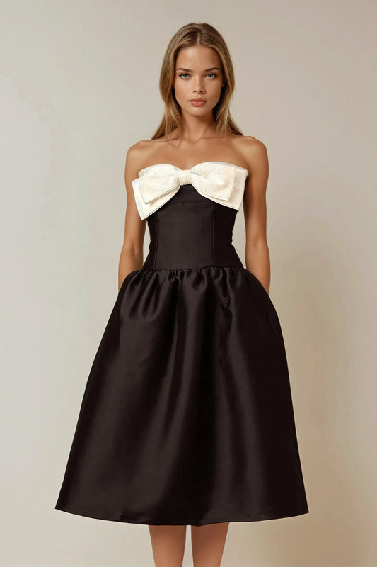 Strapless Midi Dress with Bow Detail - Black