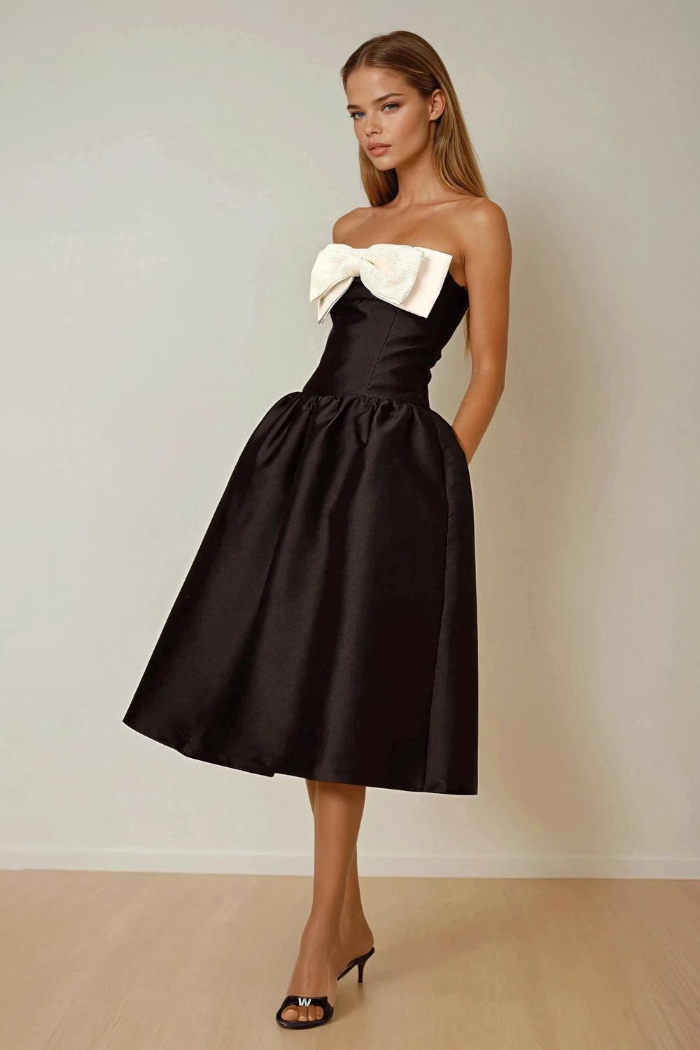 Strapless Midi Dress with Bow Detail - Black