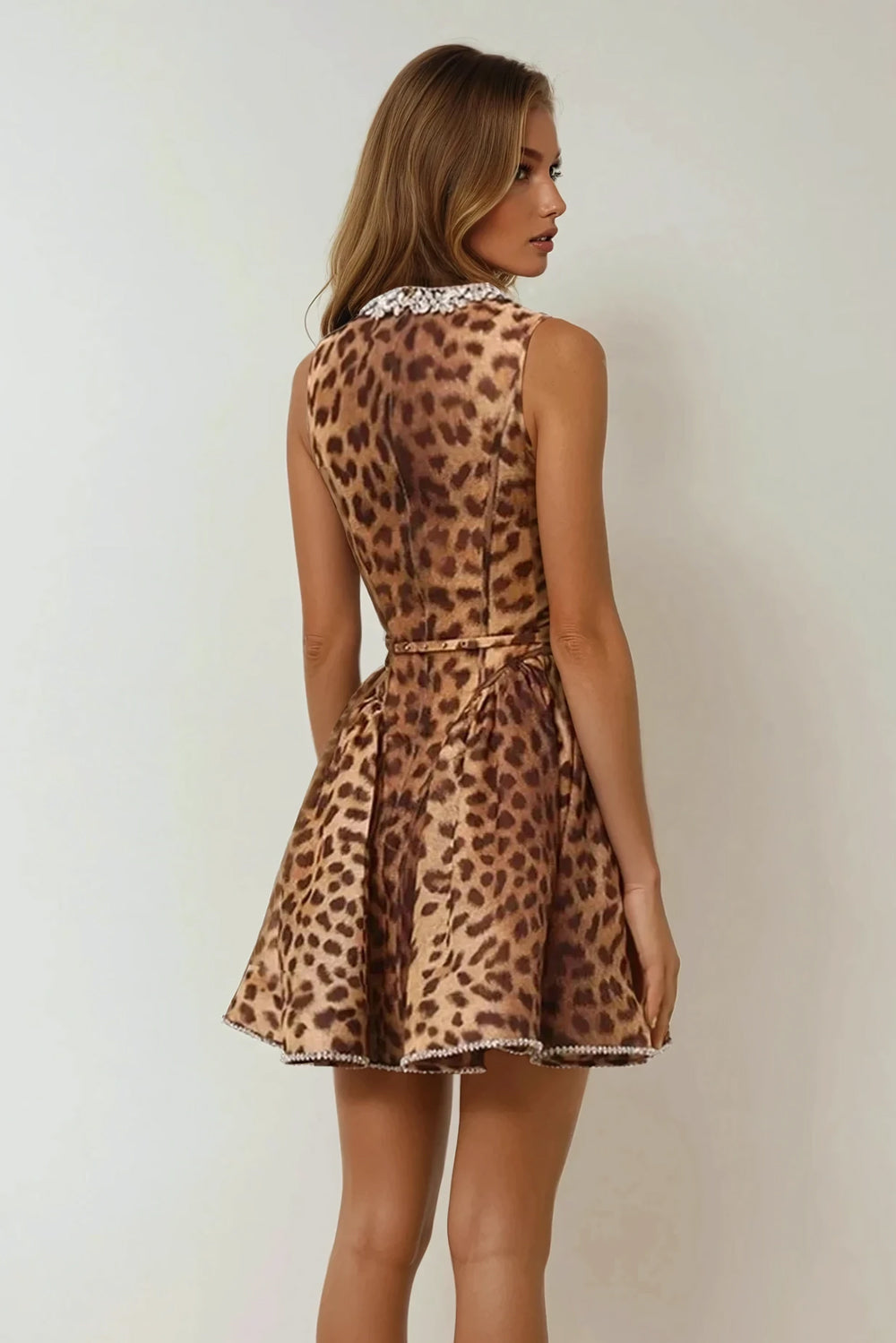 Sleeveless Fit-and-Flare Mini Dress with Allover Print - Brown