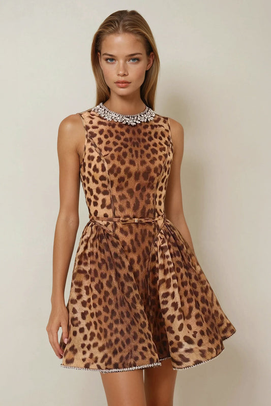 Sleeveless Fit-and-Flare Mini Dress with Allover Print - Brown