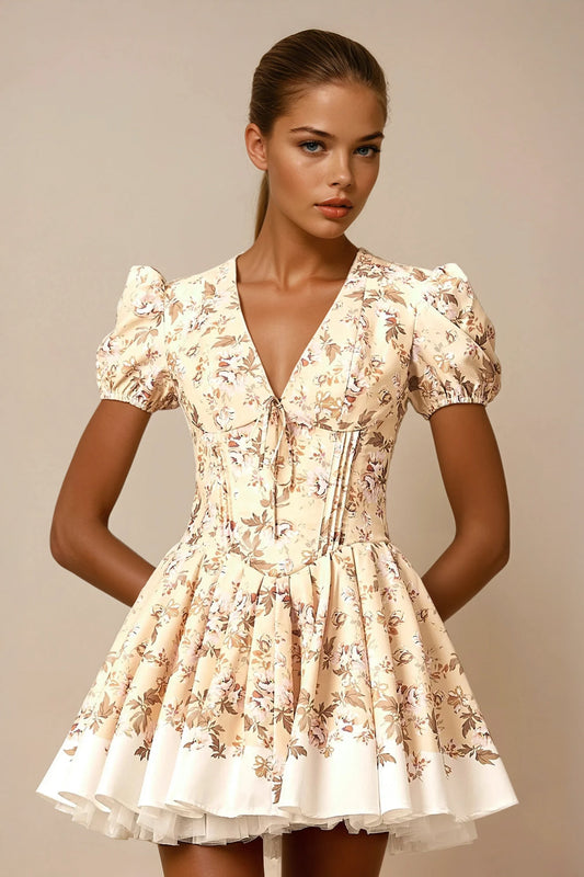 Mini Dress with Puff Sleeves and Flared Skirt - Beige