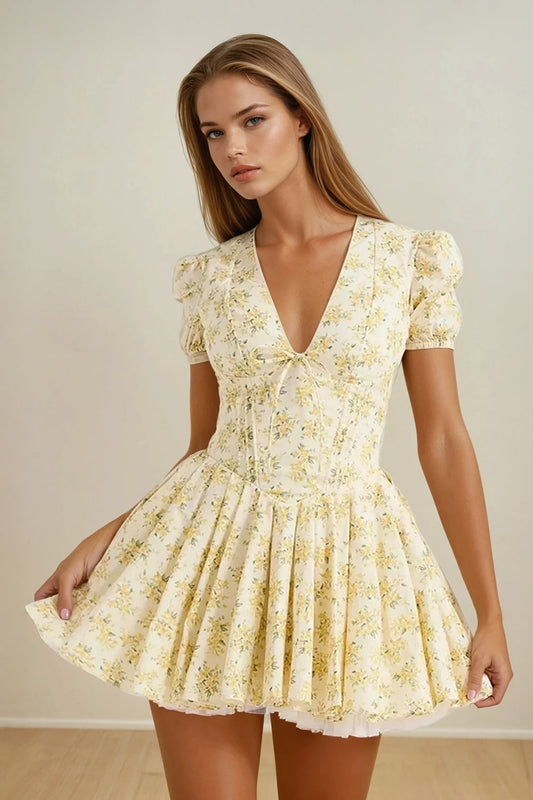 Mini Dress with Puff Sleeves and Flared Skirt - Light Yellow