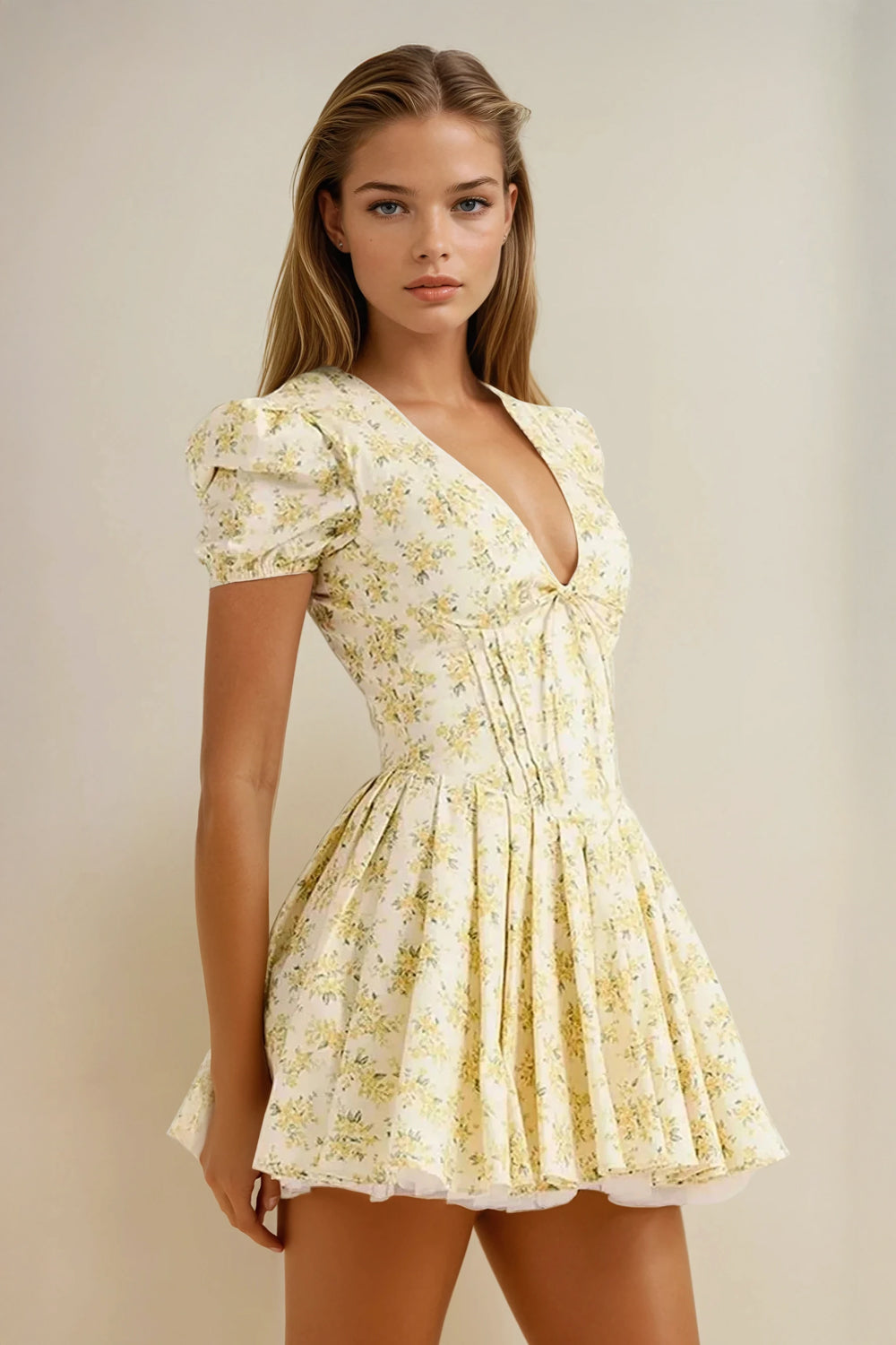 Mini Dress with Puff Sleeves and Flared Skirt - Light Yellow