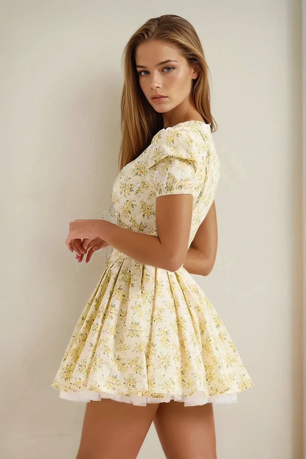 Mini Dress with Puff Sleeves and Flared Skirt - Light Yellow