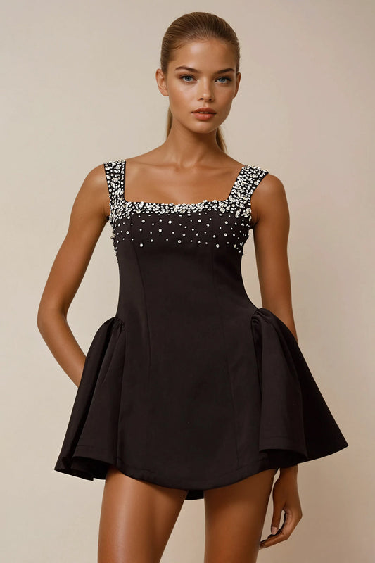 Mini Dress with Embellished Straps and Flared Hem - Black