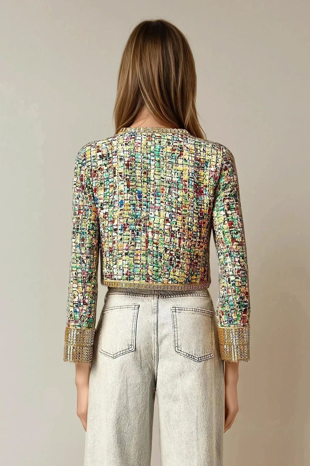 Cropped Jacket with Beaded Trim and Woven Texture - Gold
